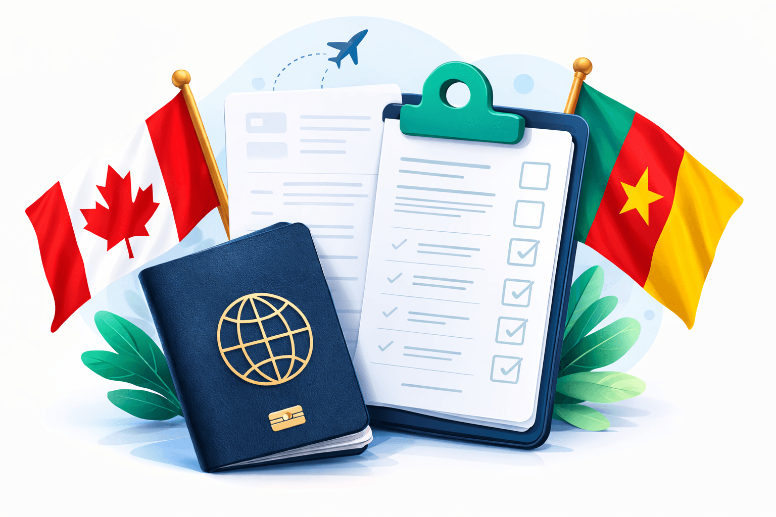 Passport application illustration with passport, checklist, and flags