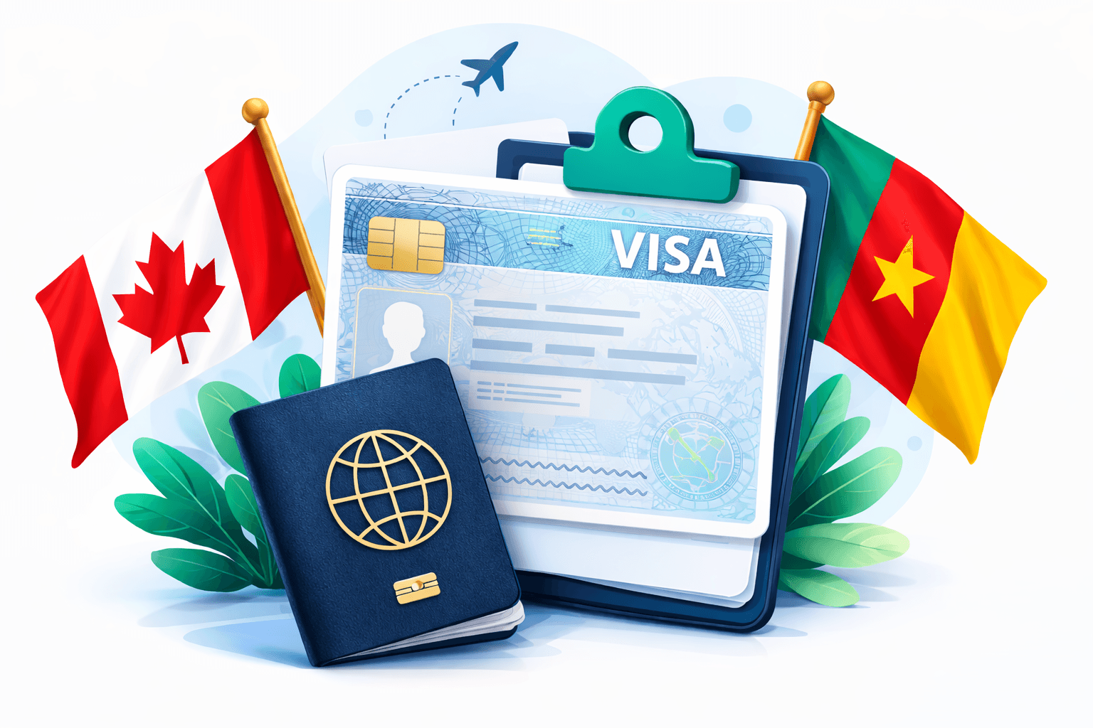 Visa application illustration with passport and forms